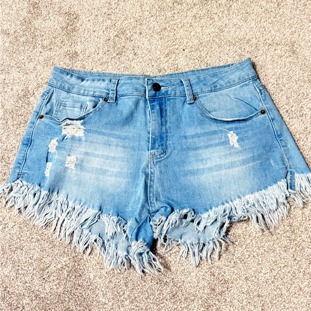 Distressed Light Blue Denim Shorts